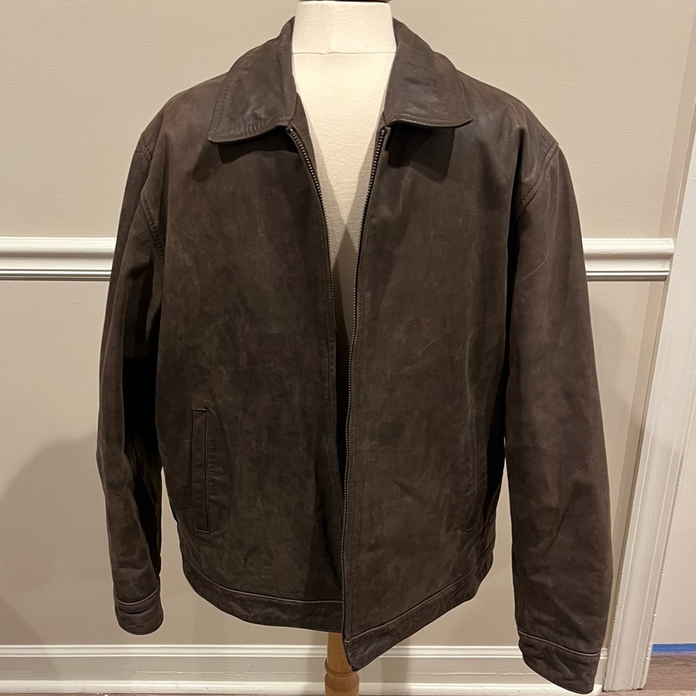Chaps Men's Dark Brown Leather Bomber Jacket